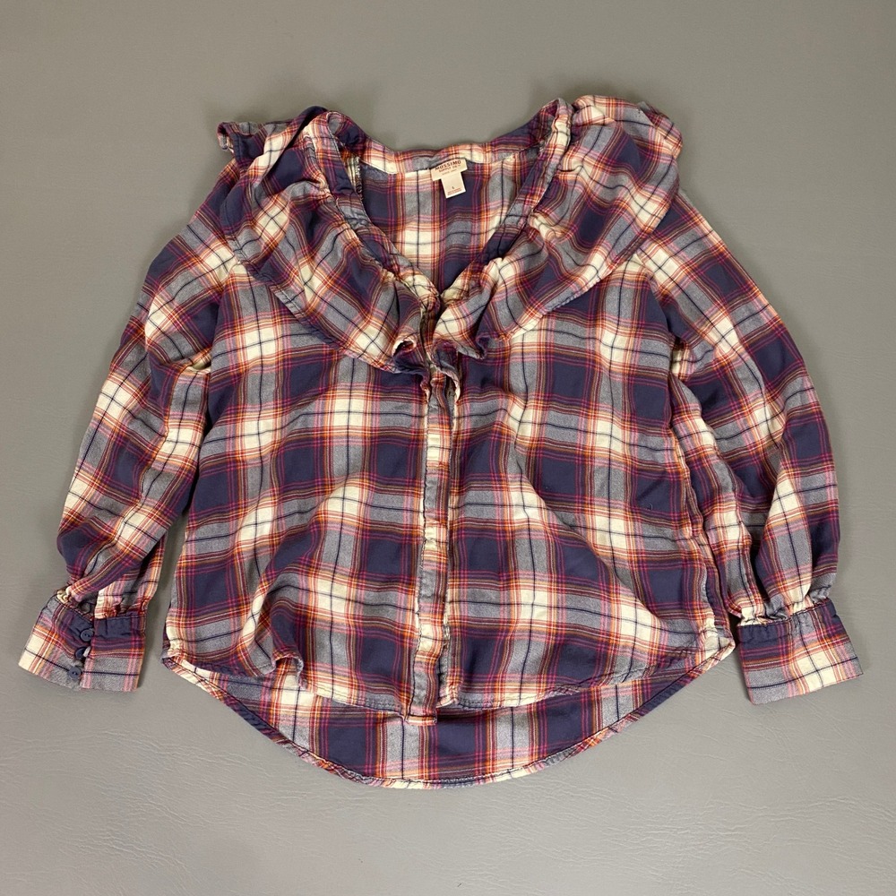 Mossimo Supply Co Flannel Shirt Women's Large Plaid Ruffle Neck Button Up *Flaw